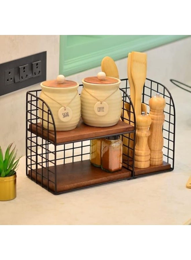 Coffee and beverage corner stand, metal, sturdy wooden shelves, decorative piece for kitchen organization (bk) - Image 3